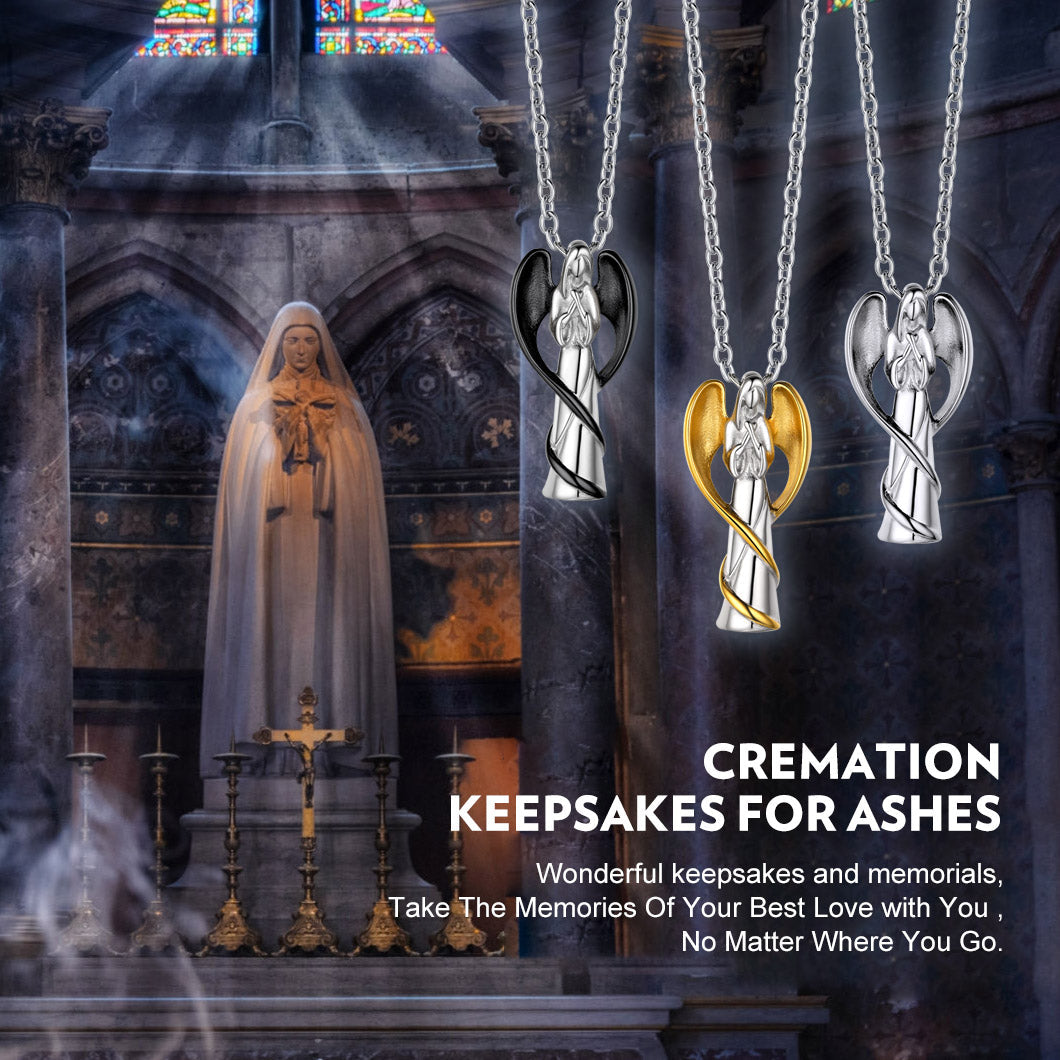 Virgin Mary Angel Wings Urn Cremation Pendant Necklace for Ashes