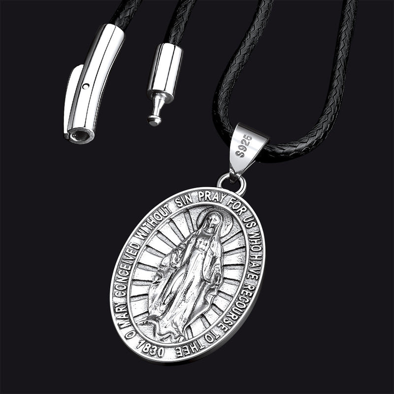 Sterling Silver Virgin Mary Necklace Medallion With Leather Chain