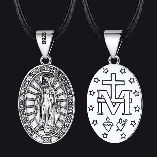 Sterling Silver Virgin Mary Necklace Medallion With Leather Chain