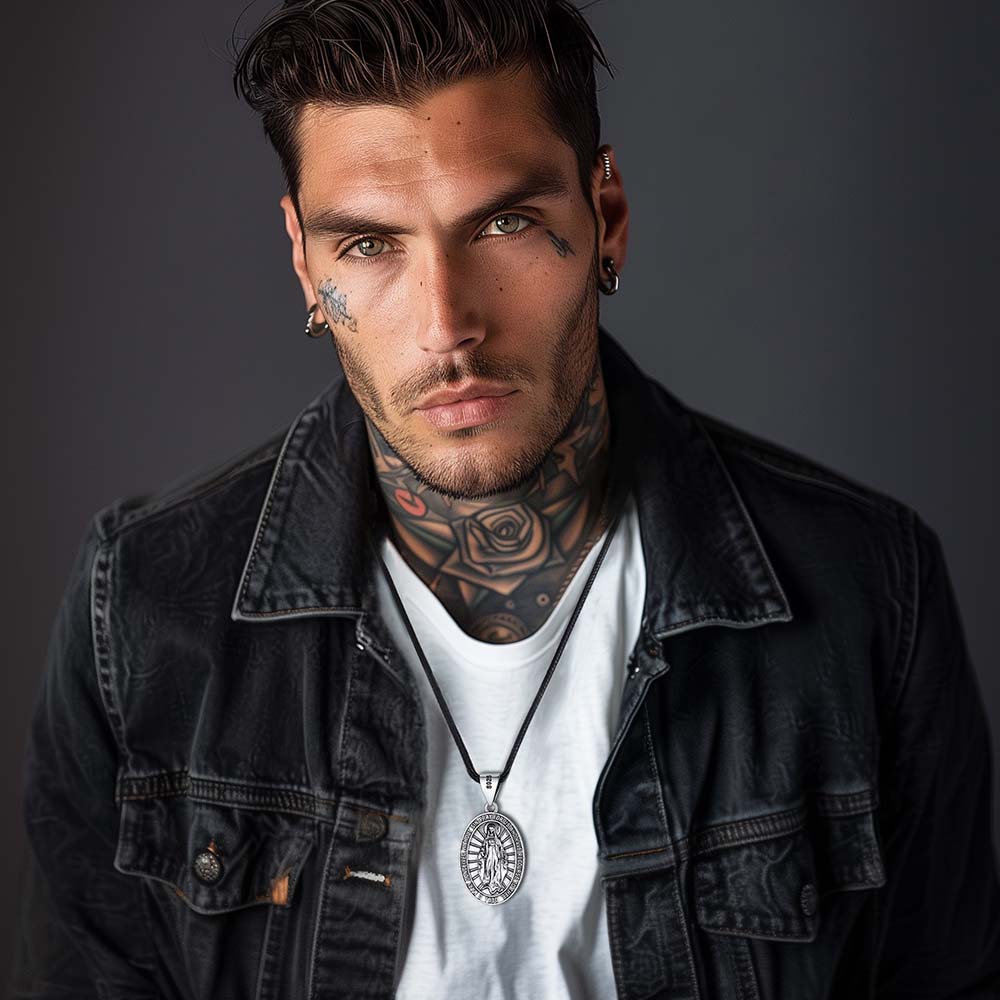 Sterling Silver Virgin Mary Necklace Medallion With Leather Chain