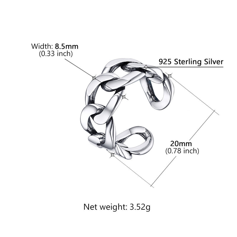 925 Sterling Silver Cuban Chain Open Adjustable Ring for