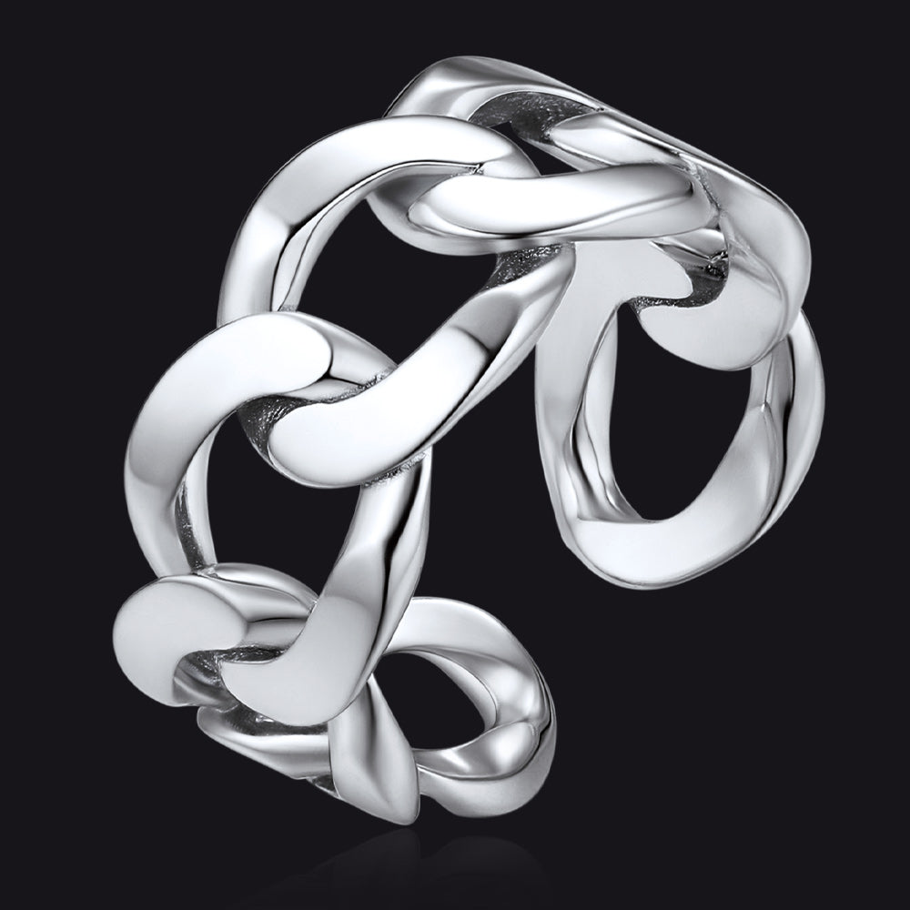 925 Sterling Silver Cuban Chain Open Adjustable Ring for