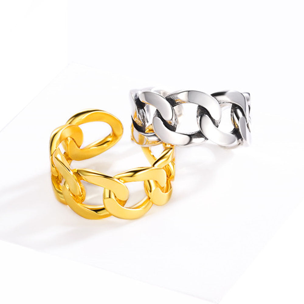 925 Sterling Silver Cuban Chain Open Adjustable Ring for