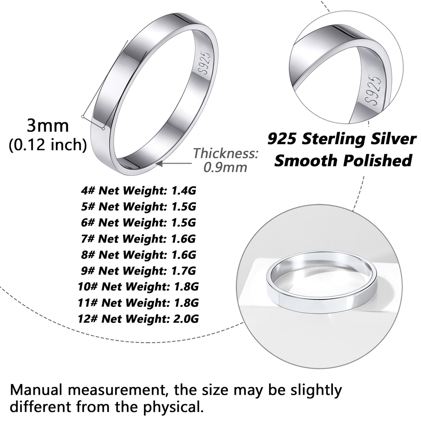 925 Sterling Silver Custom Simple Band Ring for Couple , 3mm/5mm