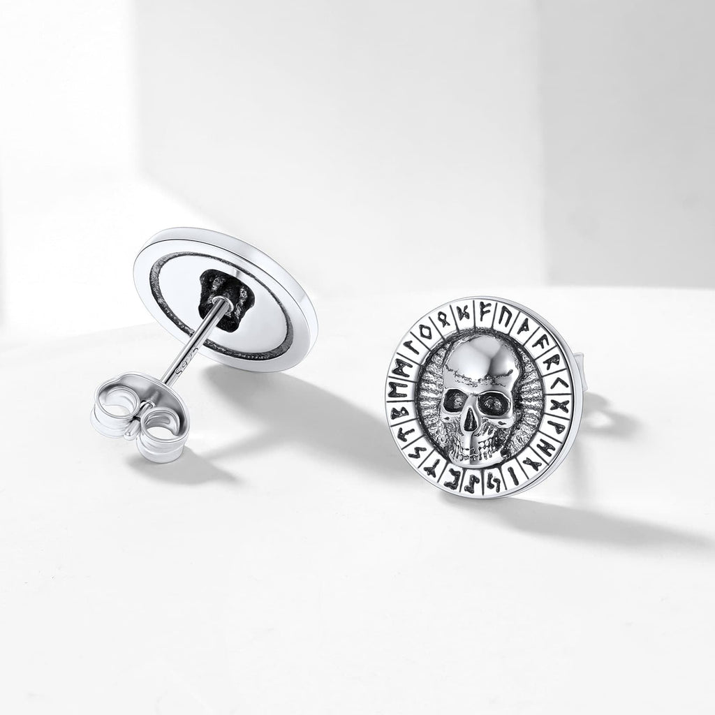 Sterling Silver Runes Skull Earrings Studs for