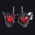 Black Skeleton Rock Hand Heart Ruby Stud Earrings for