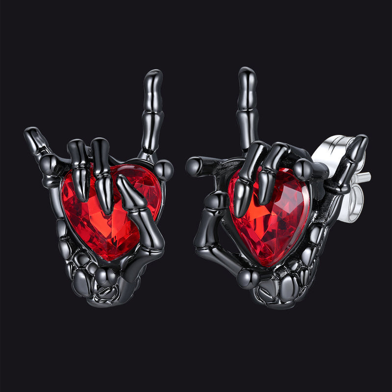 Black Skeleton Rock Hand Heart Ruby Stud Earrings for