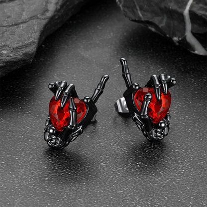 Black Skeleton Rock Hand Heart Ruby Stud Earrings for