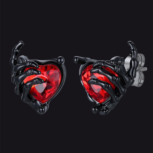 Gothic Black Ruby Heart Skull Hand Stud Earrings for