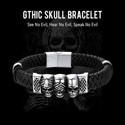 Gothic 3 Skull Braided Leather Bracelet Gift for Father Son Grandson