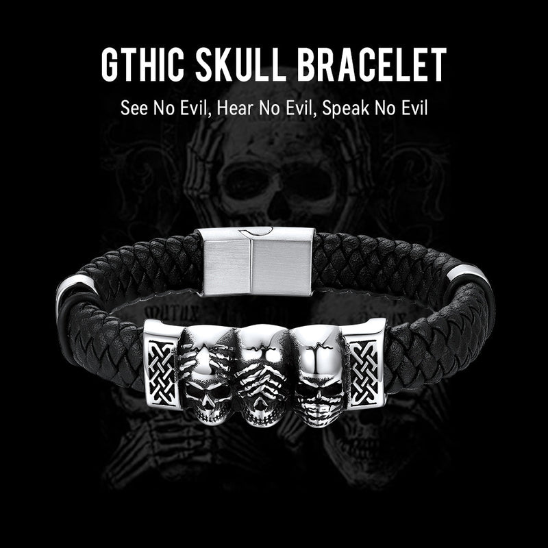 Gothic 3 Skull Braided Leather Bracelet Gift for Father Son Grandson