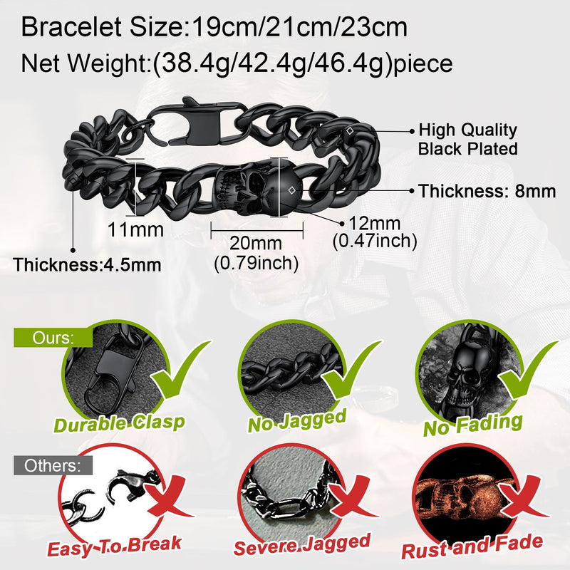 Gothic Heavy Cuban Chain Skull Bracelet for in Stainless Steel