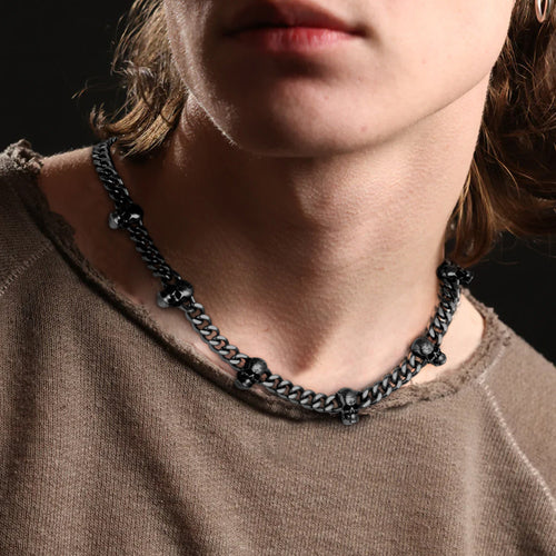 9mm Gothic Skull Cuban Link Chain Choker Necklace for