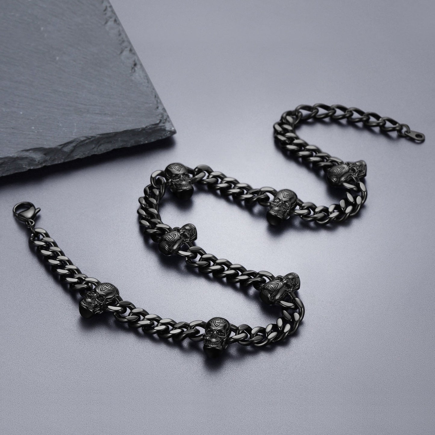 Gothic Skull Cuban Chain & Cross Layered Pendant Set for