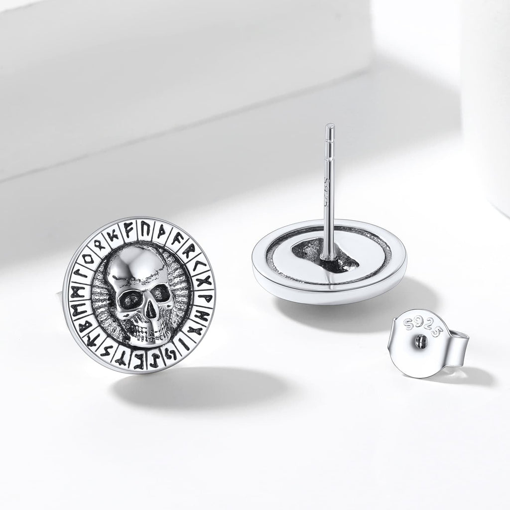 Sterling Silver Runes Skull Earrings Studs for
