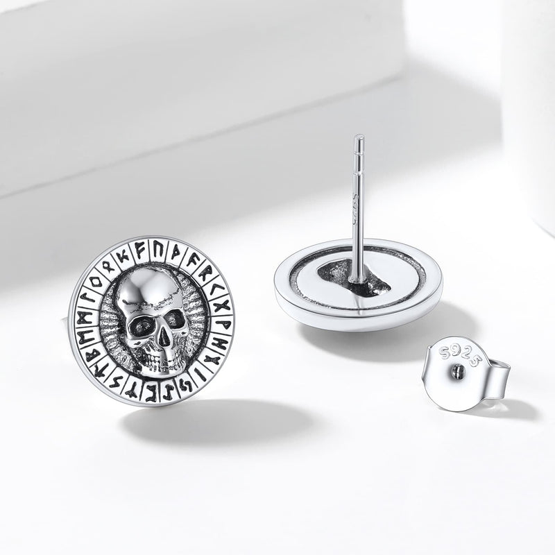 Sterling Silver Runes Skull Earrings Studs for