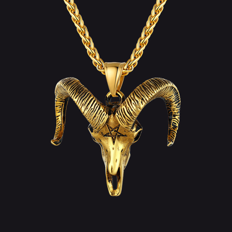 Satanic Goat Skull Head Necklace With Invert Pentagram