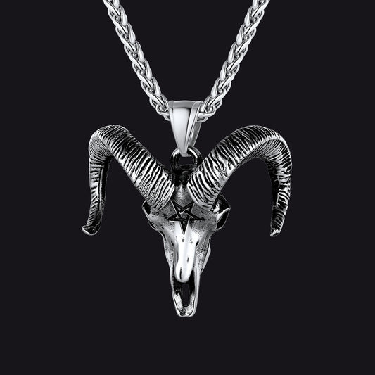 Satanic Goat Skull Head Necklace With Invert Pentagram