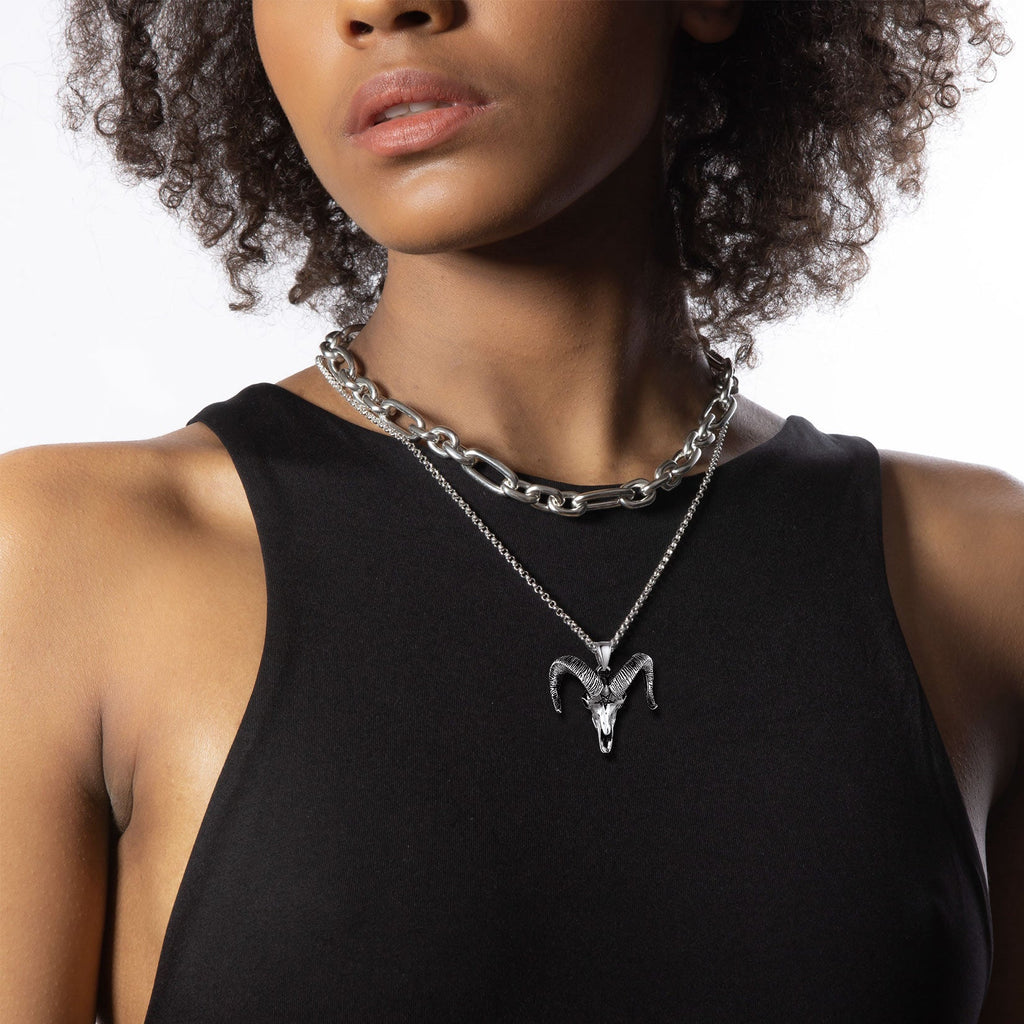 Satanic Goat Skull Head Necklace With Invert Pentagram