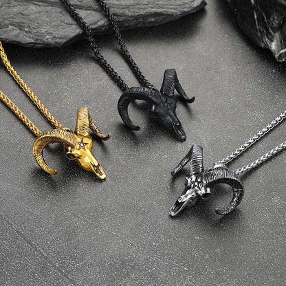 Satanic Goat Skull Head Necklace With Invert Pentagram