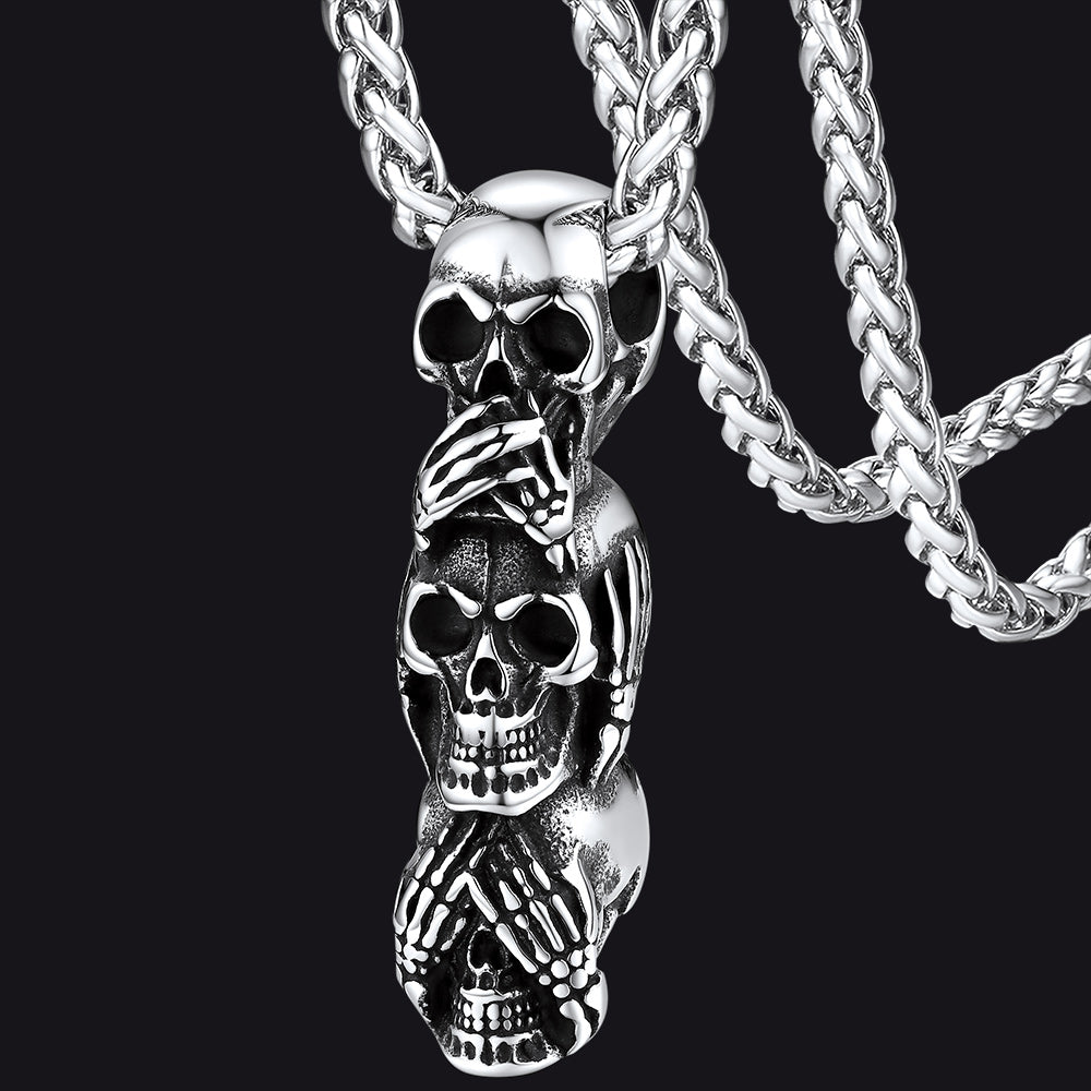 See No Evil, Hear No Evil, Speak No Evil Skull Necklace for