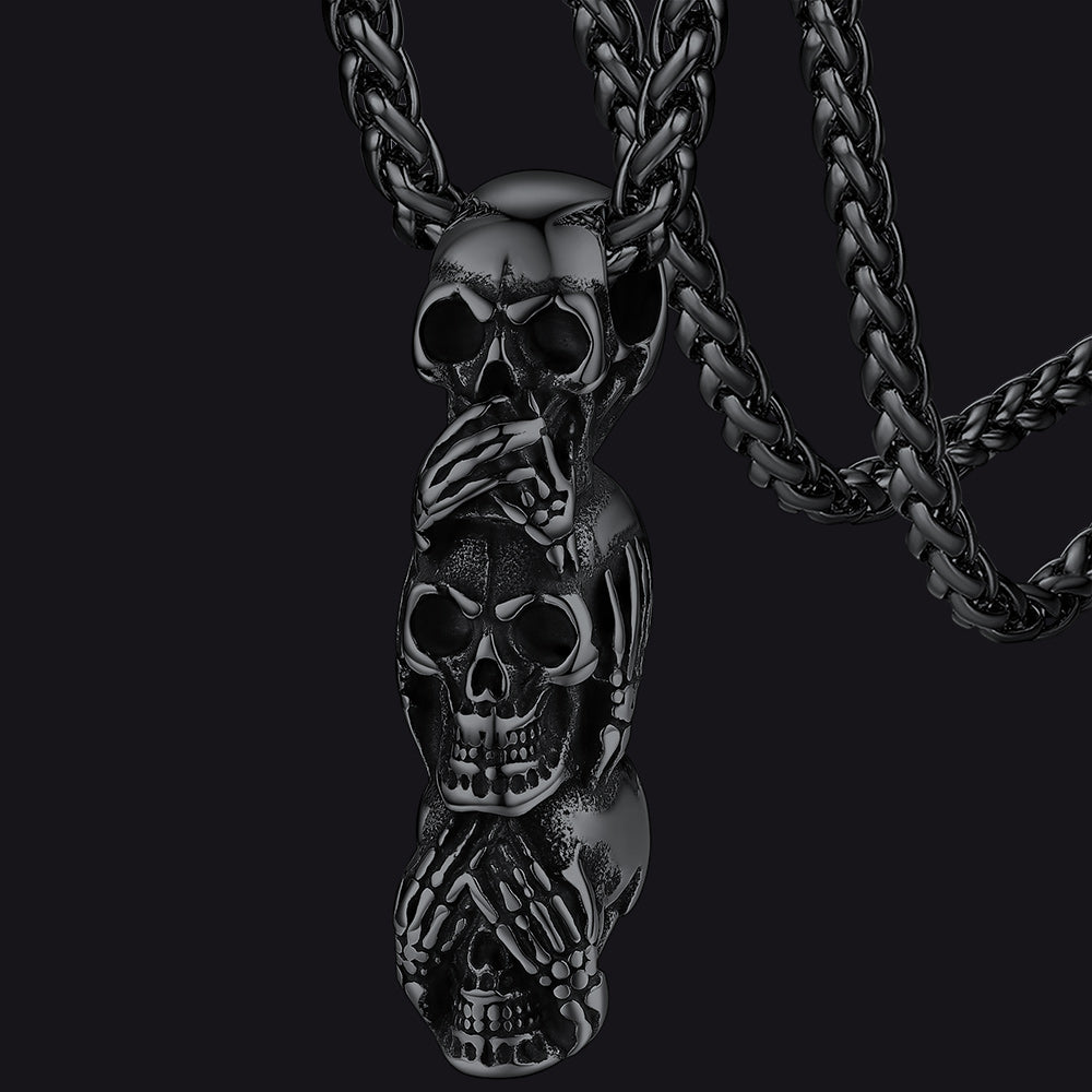 See No Evil, Hear No Evil, Speak No Evil Skull Necklace for