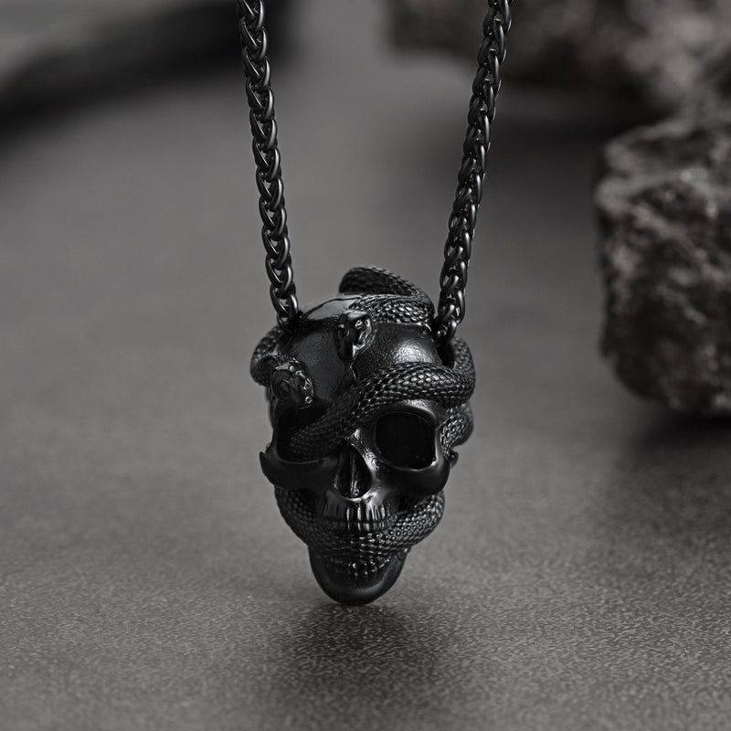 Gothic Snake Skull Pendant Necklace for