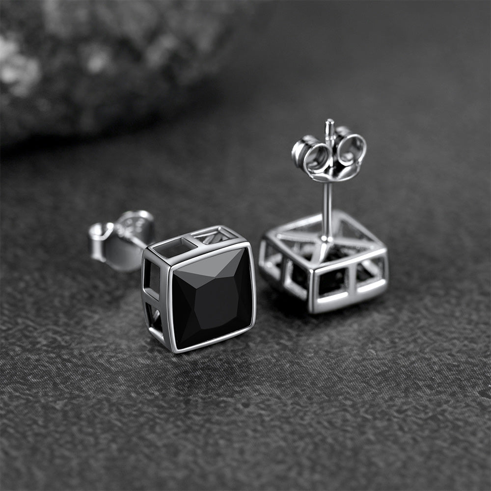 Flash Sterling Silver Square Black Onyx Stud Earrings for