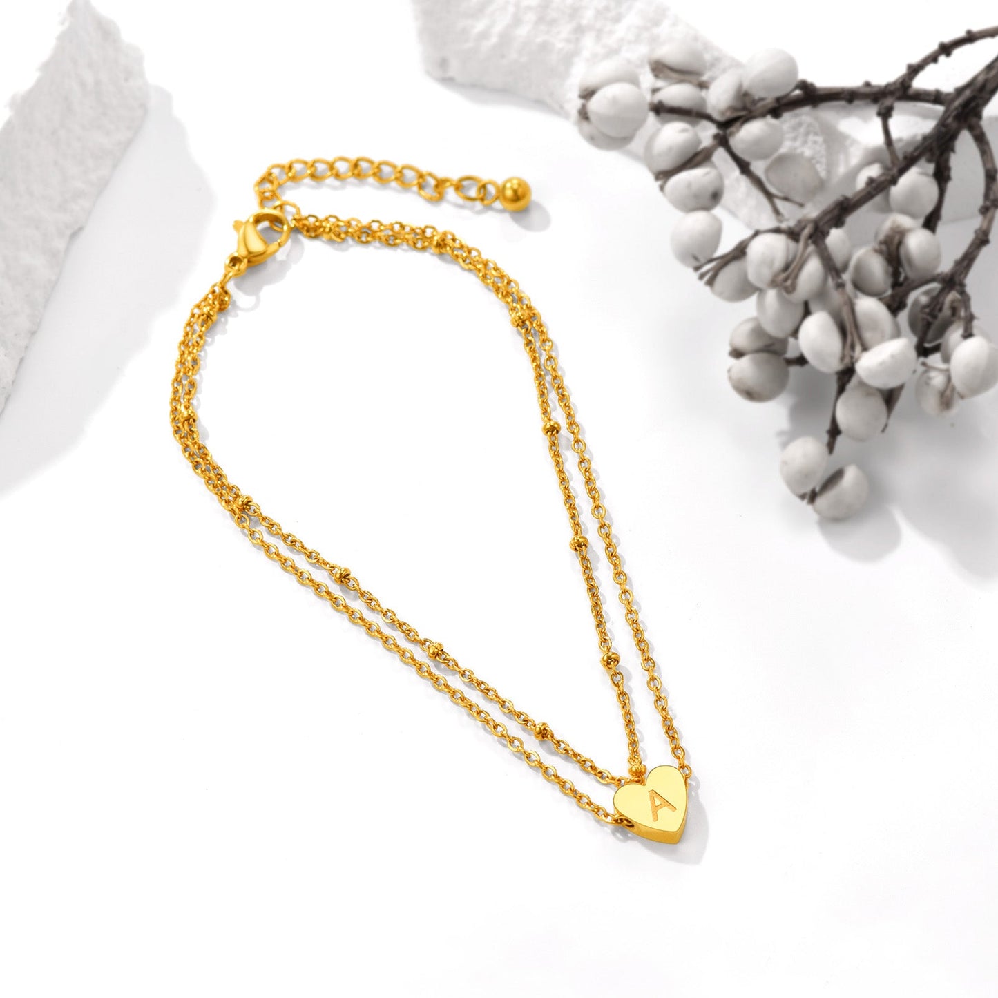 Initial Letter Heart Anklet Chain Layered Anklet for