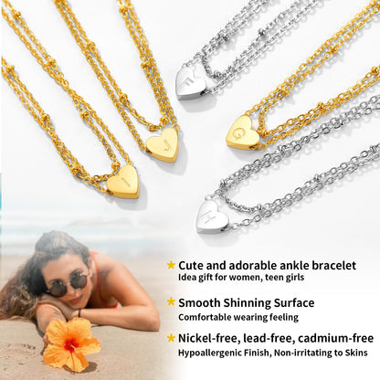 Initial Letter Heart Anklet Chain Layered Anklet for