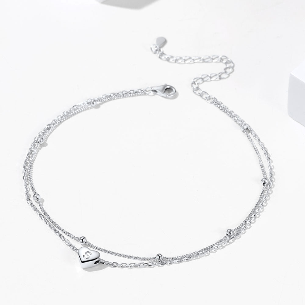Sterling Silver A-z Initial Heart Layered Anklet for
