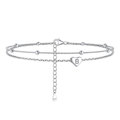 Sterling Silver A-z Initial Heart Layered Anklet for