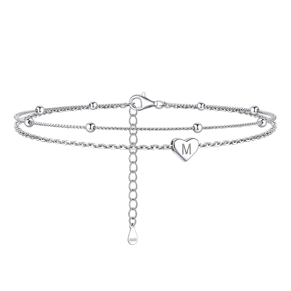 Sterling Silver A-z Initial Heart Layered Anklet for