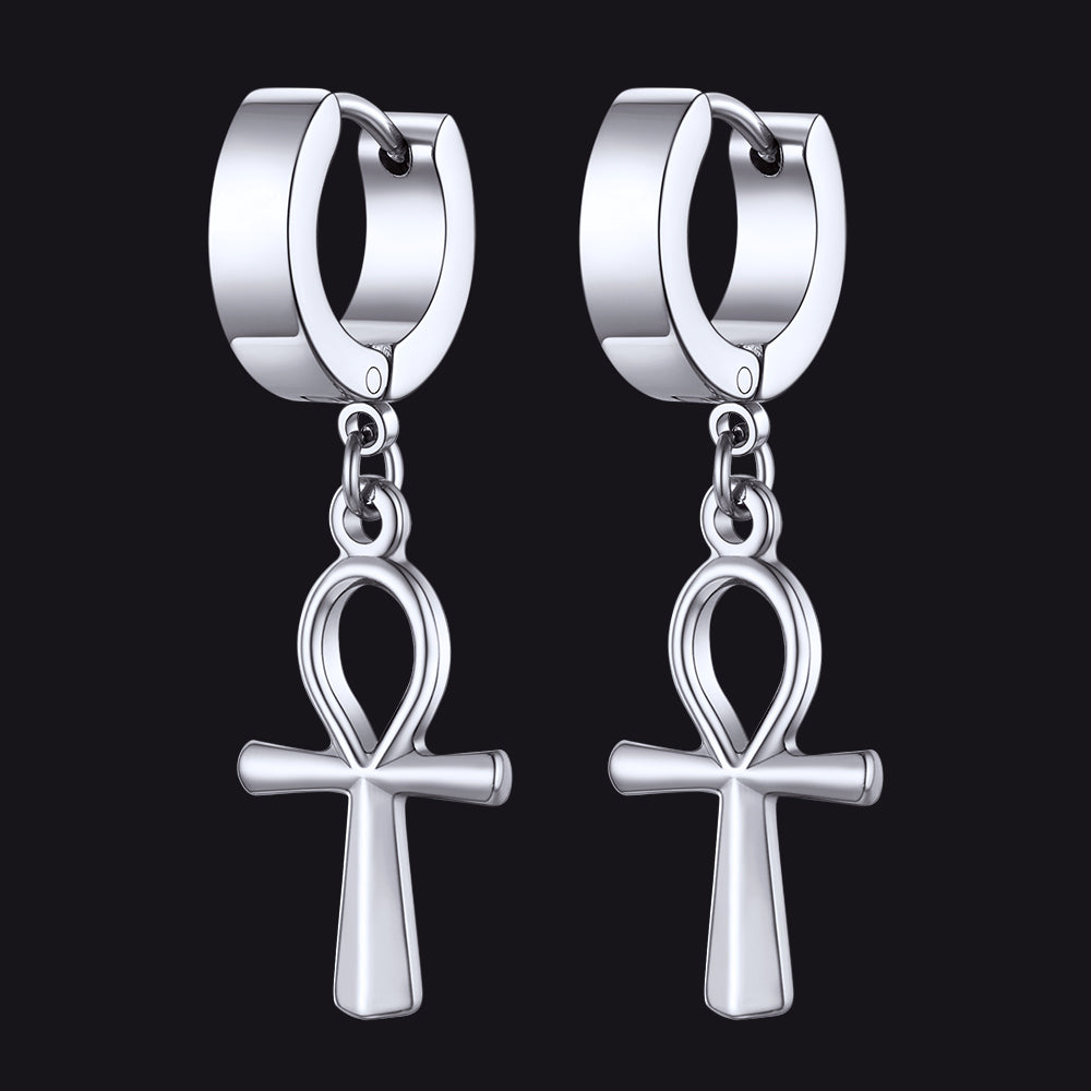 Ankh Cross Dangle Hoop Earrings for