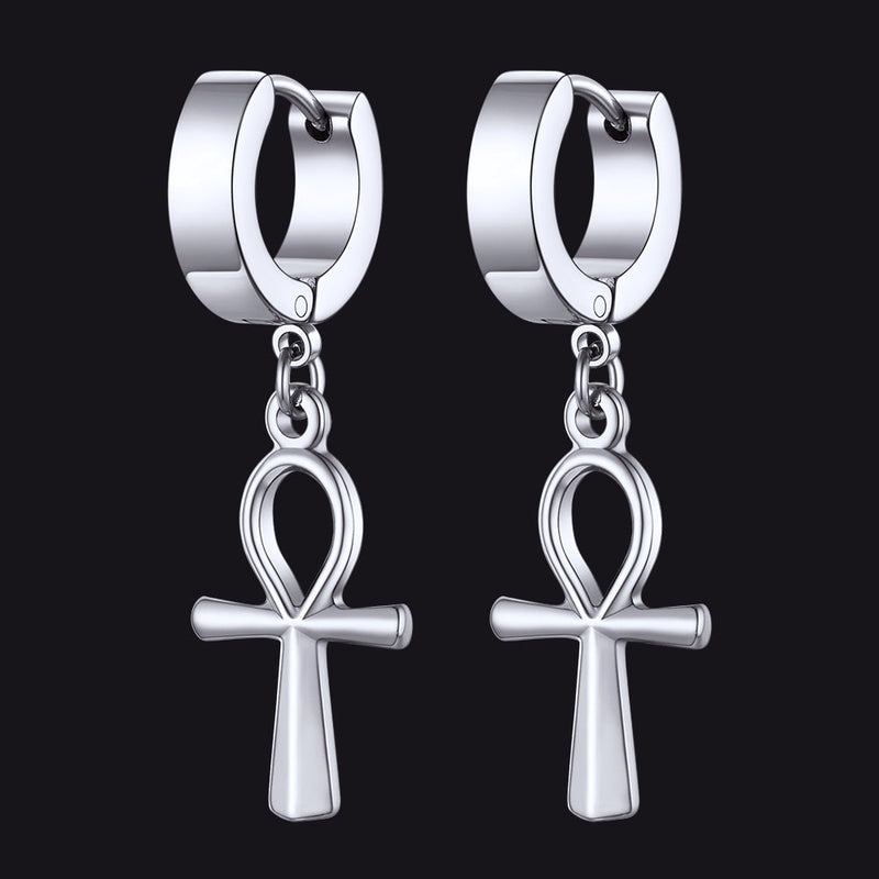 Ankh Cross Dangle Hoop Earrings for
