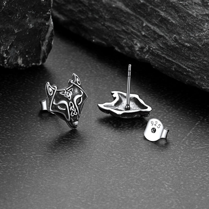 Sterling Silver Viking Celtic Wolf Stud Earrings for