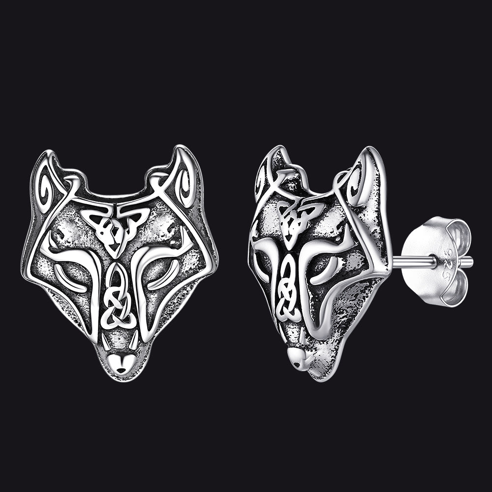 Sterling Silver Viking Celtic Wolf Stud Earrings for