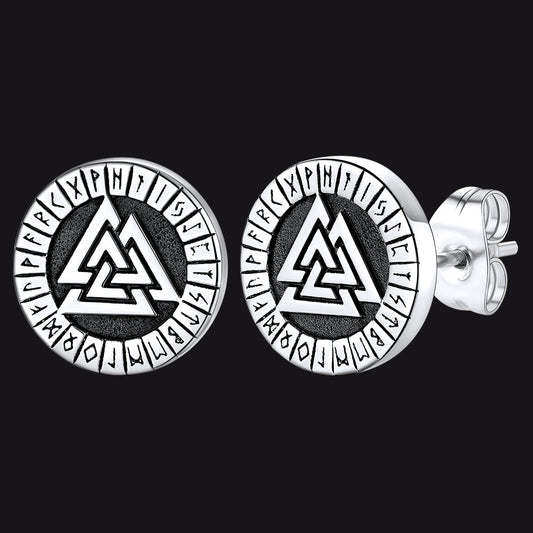 Viking Valknut Black Stud Earrings for With Runes