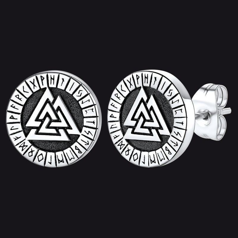 Viking Valknut Black Stud Earrings for With Runes