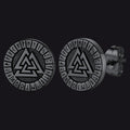 Viking Valknut Black Stud Earrings for With Runes