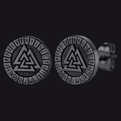 Viking Valknut Black Stud Earrings for With Runes