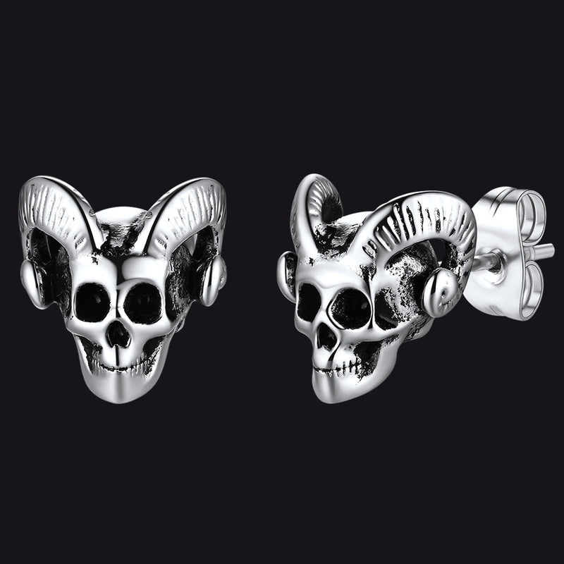 Satanic Baphomet Goat Skull Head Stud Earrings for