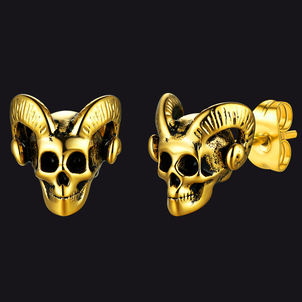 Satanic Baphomet Goat Skull Head Stud Earrings for