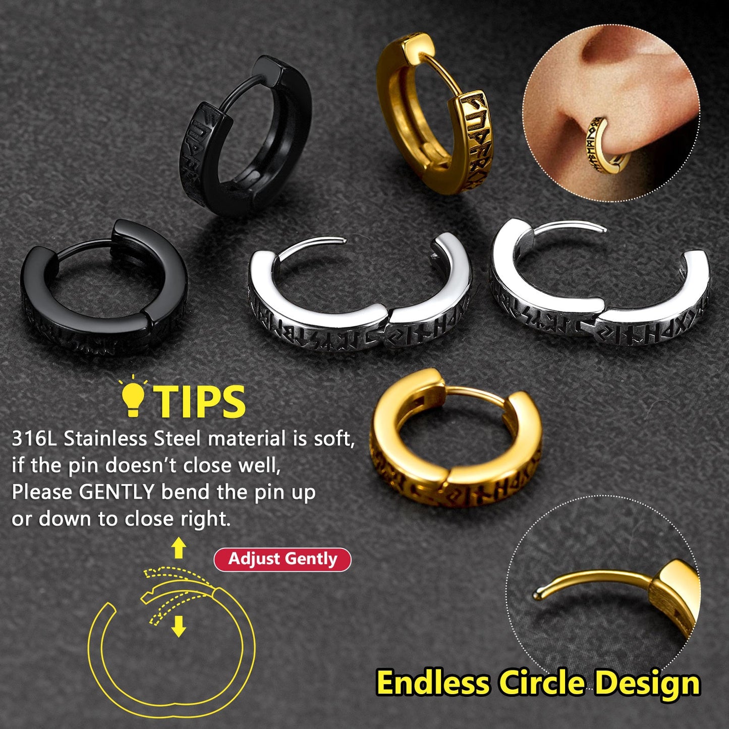 Norse Viking Runes Hoop Huggie Earrings for