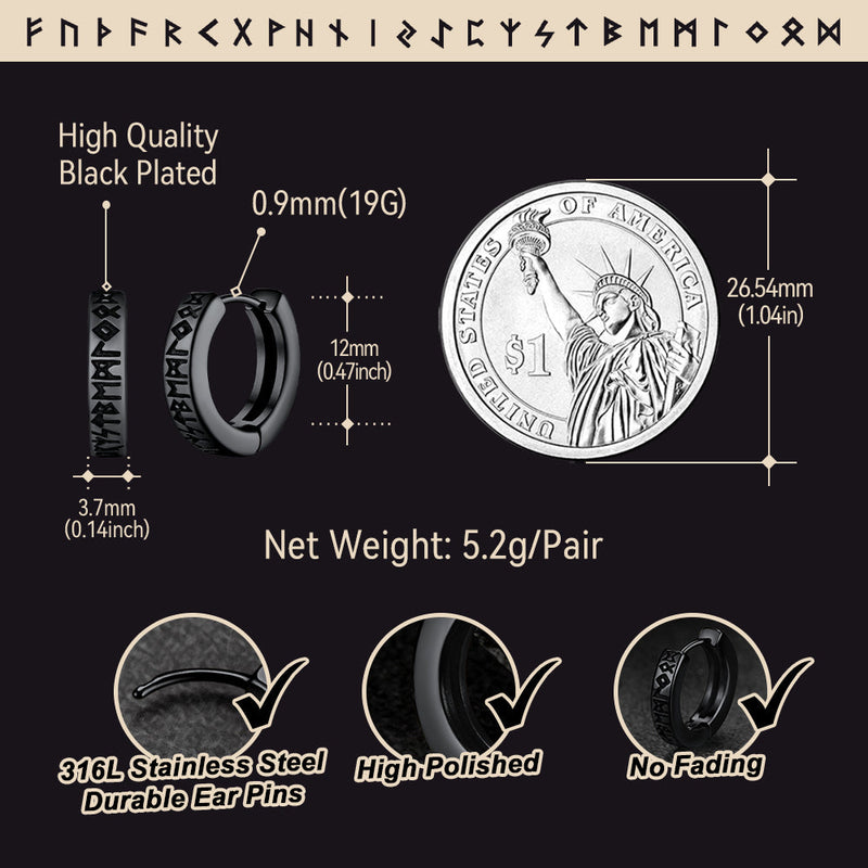 Norse Viking Runes Hoop Huggie Earrings for