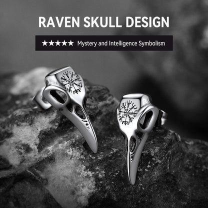 Viking Raven Skull Stud Earrings With Viking Vegvisir for