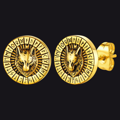 Viking Wolf Head Stud Earrings With Runes for