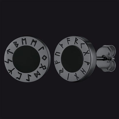 Black Onyx Stud Earrings With Viking Runes in Sterling Silver