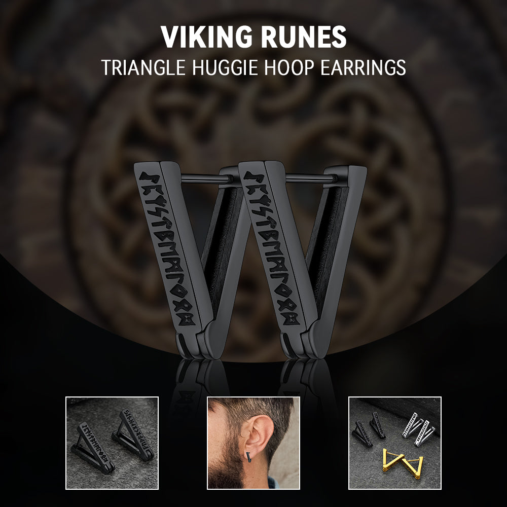 Triangle Huggie Hoop Earrings With Viking Runes for