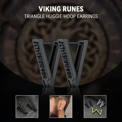 Triangle Huggie Hoop Earrings With Viking Runes for